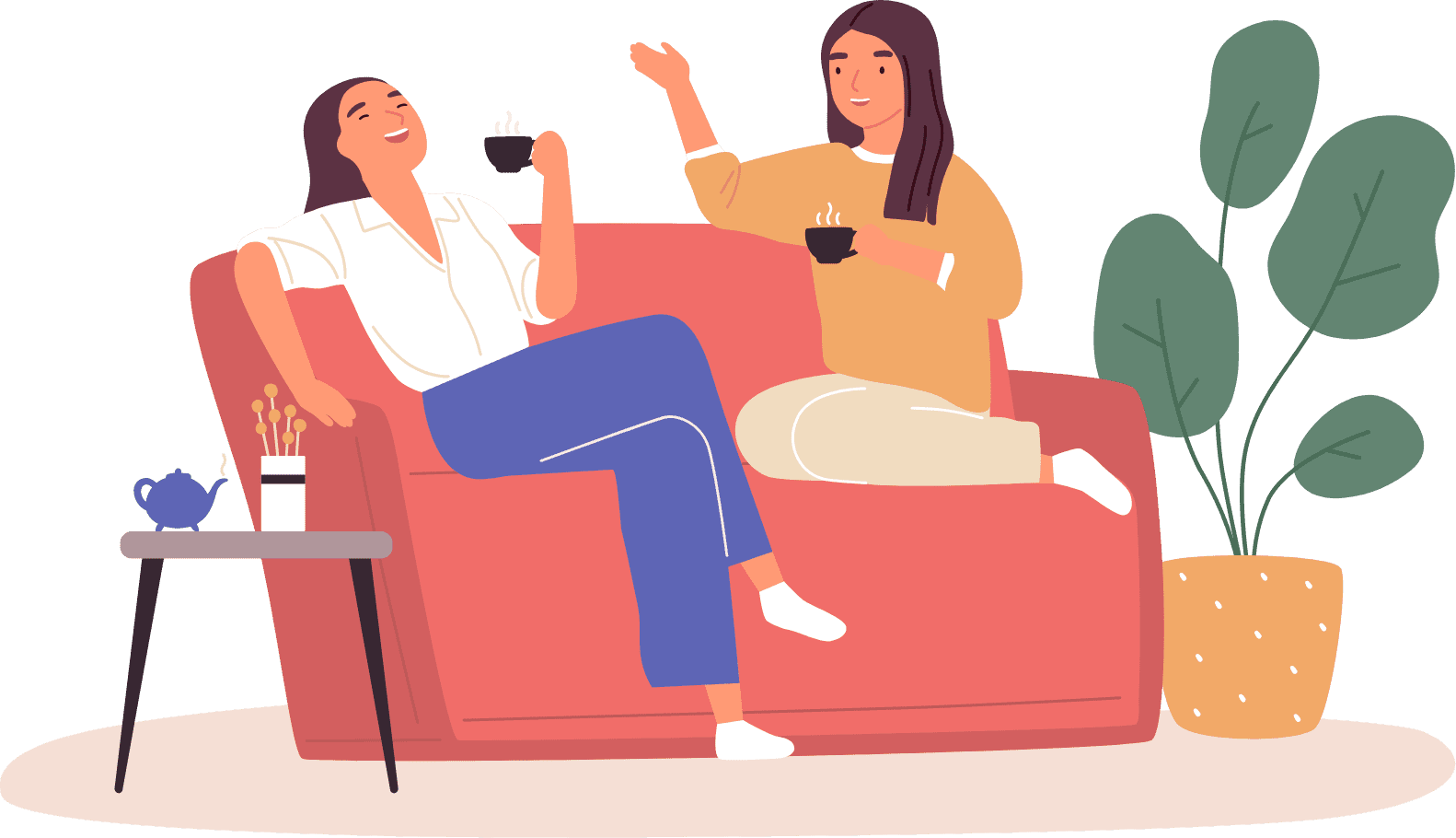 Ilustração de duas pessoas sentadas num sofá a falar enquanto bebem chá